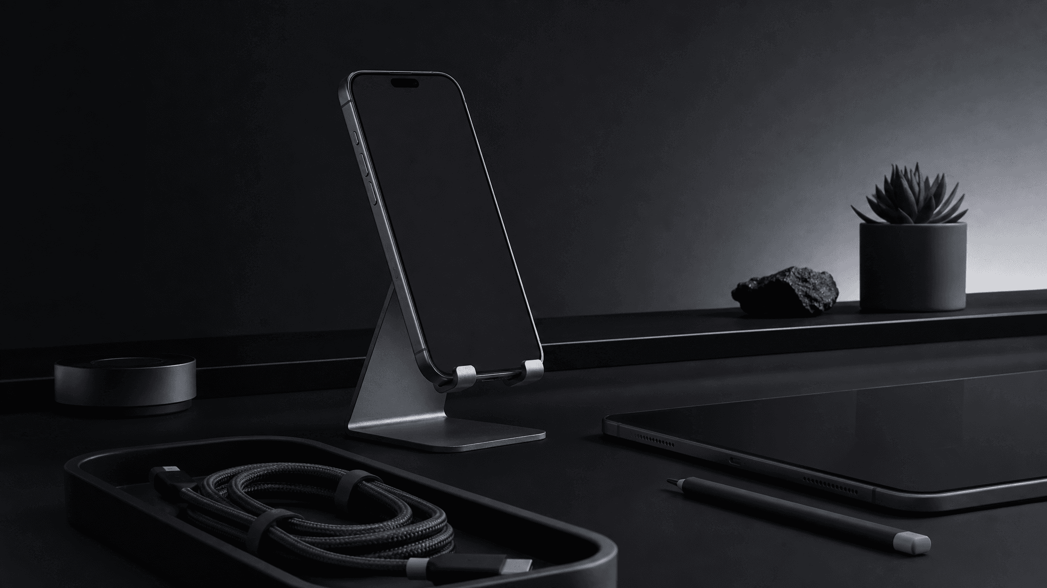 A graphite desk with a phone on a minimal stand, tidy cables and a tablet under dramatic rim light