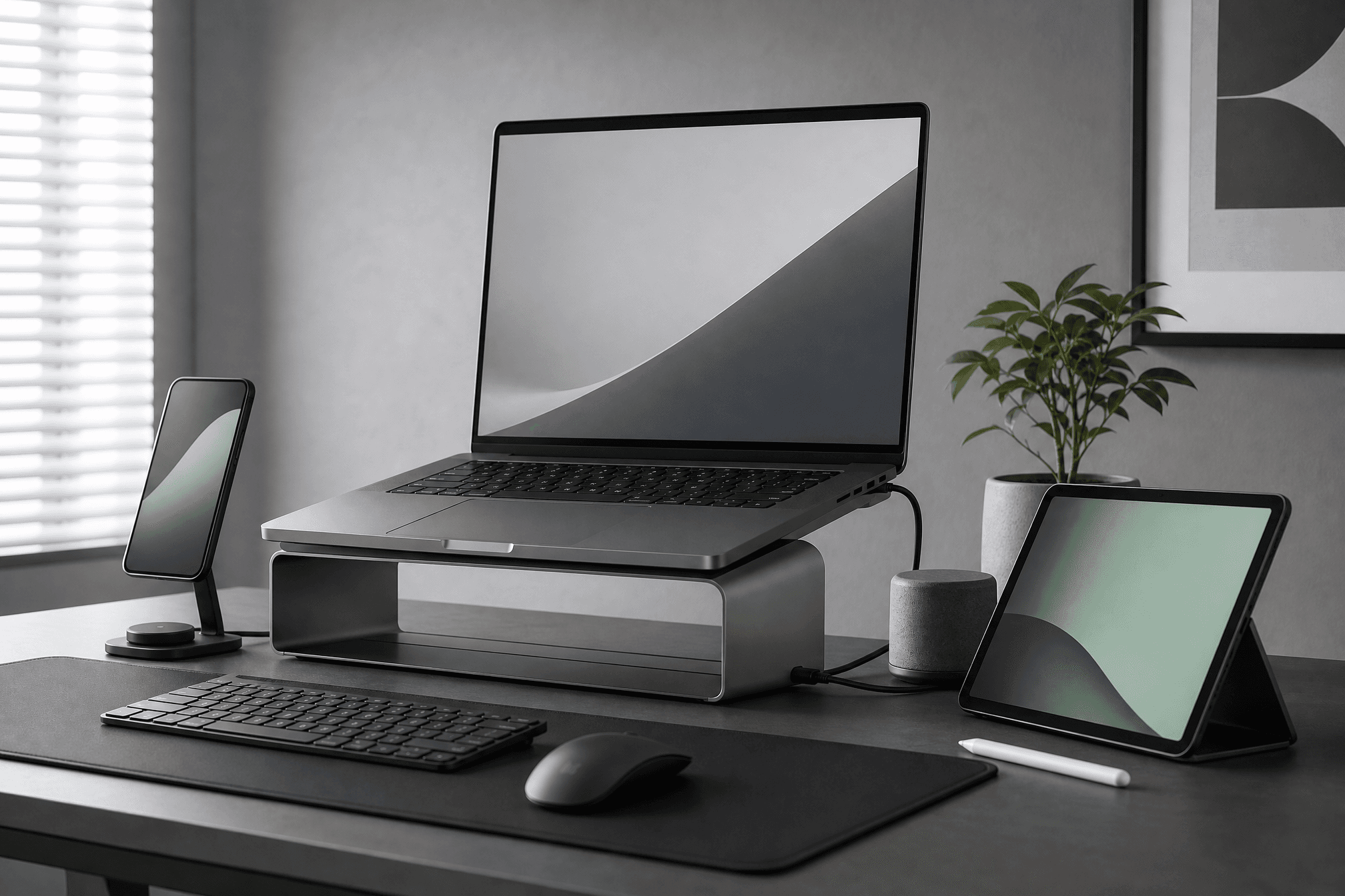 A calm home-office desk kitted with a phone stand, laptop riser and routed cables